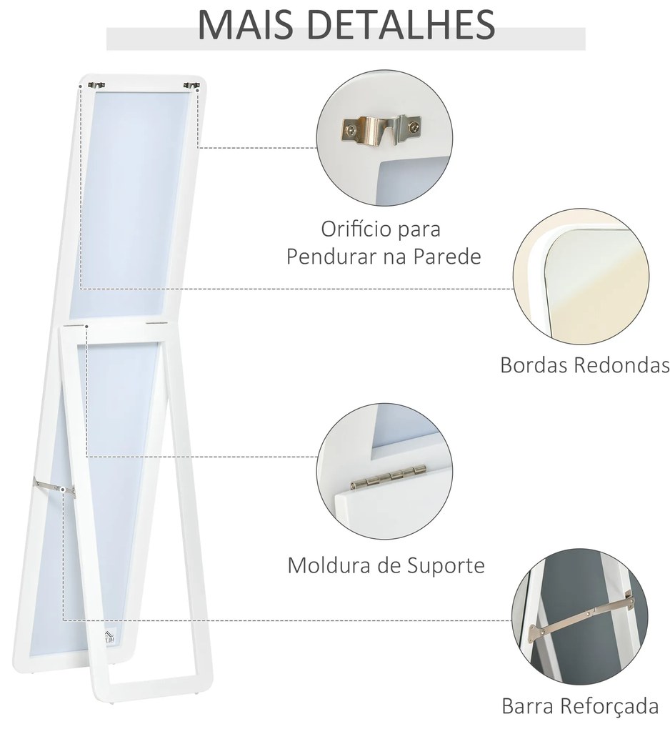 Espelho de Pé de Corpo Inteiro Retangular com 2 Formas de Uso Estrutura de Madeira de Pinho 37x43x156 cm Branco
