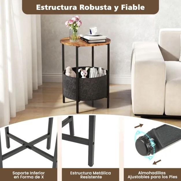 Mesa de apoio redonda 44 x 61 cm para espaços pequenos de 2 níveis com cesto de tecido Estrutura metálica Castanho