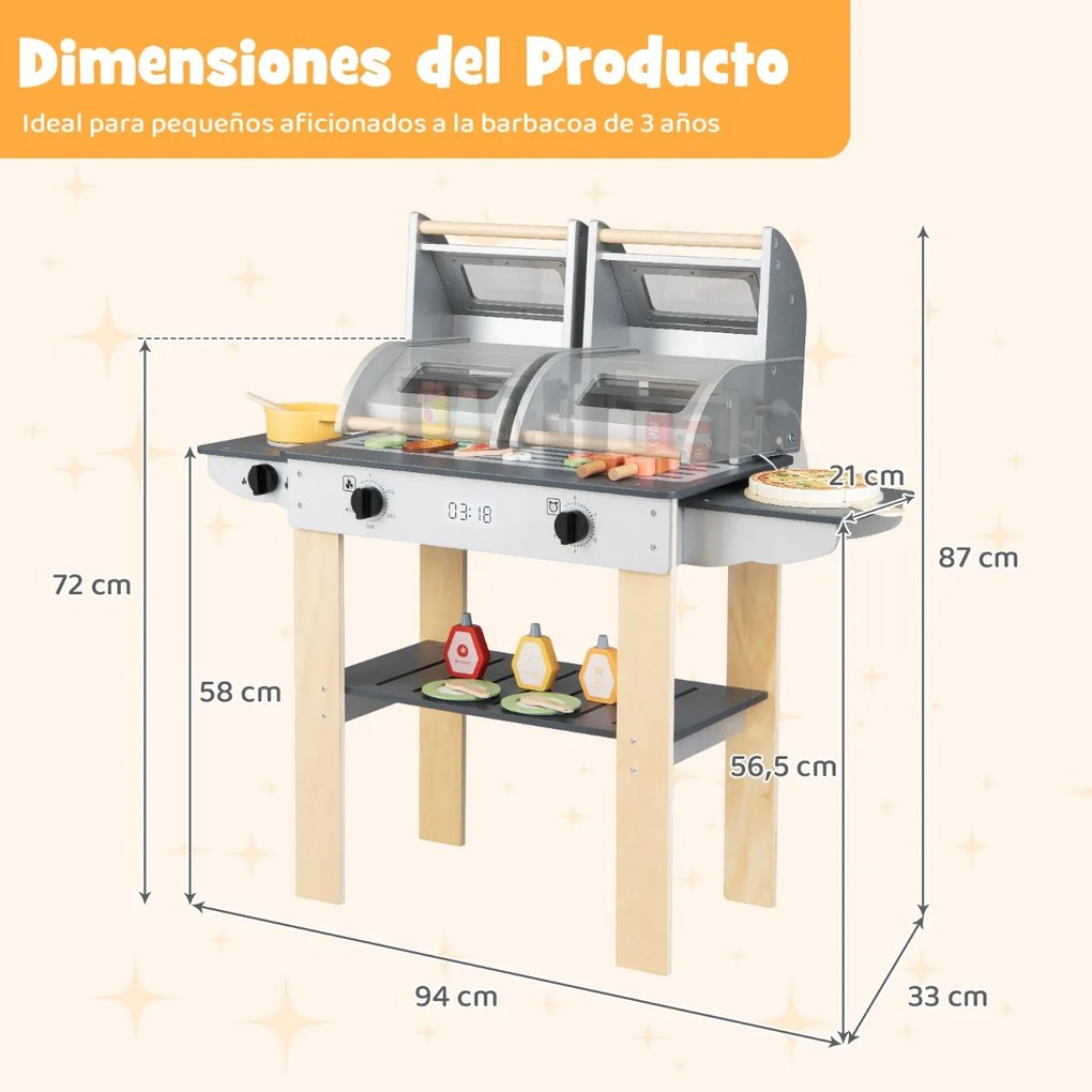 Conjunto de churrasqueira de madeira para crianças 94 x 33 x 87 cm com diversos utensílios e alimentos, 2 grelhas e tampas dobráveis, cinzento escuro