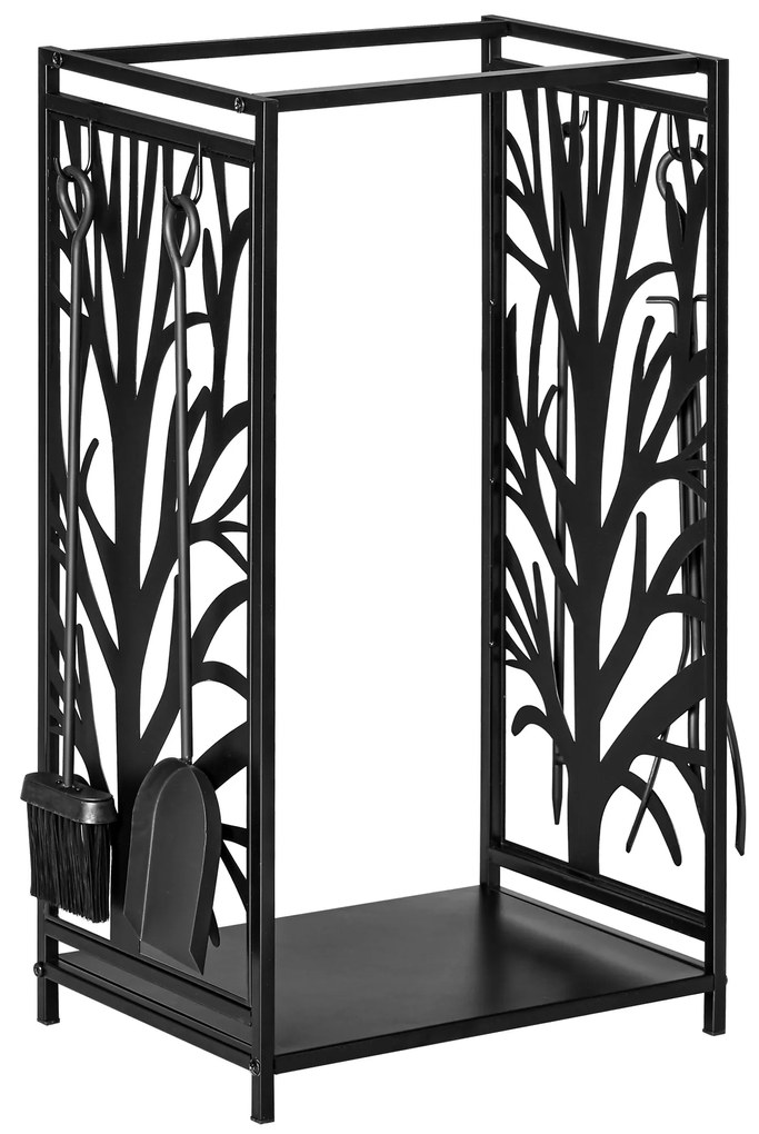 HOMCOM Suporte Lenhas Armazenamento Ferramentas 4 Peças Interior Exterior Design Moderno 46x30x70 cm Preto | Aosom Portugal