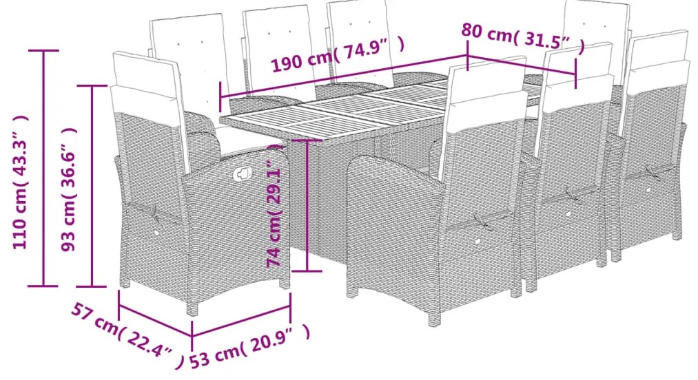 9 pcs conjunto de jantar p/ jardim c/ almofadões vime PE preto