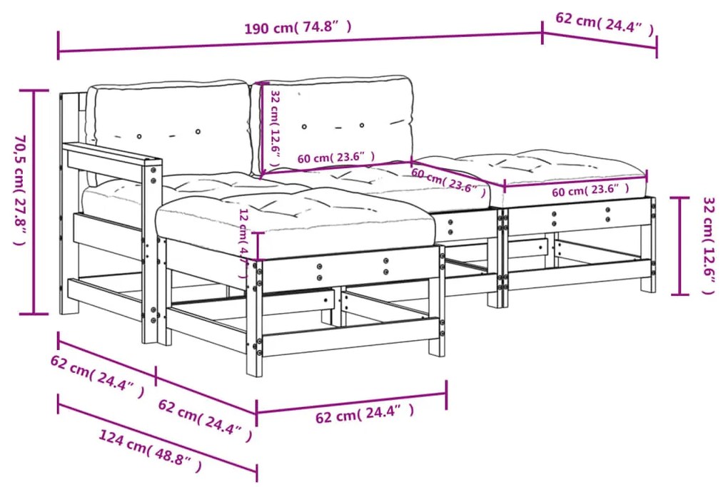 4 pcs conjunto lounge jardim c/ almofadões madeira maciça cinza