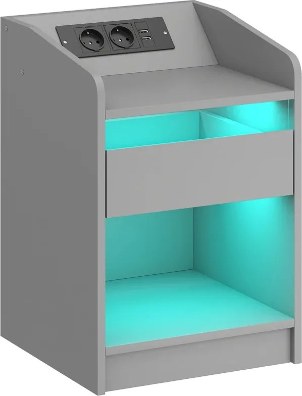 Mesa de Cabeceira com Luzes LED Gaveta 40x40x58 cm com Estação de Carregamento Entrada USB e Controlo Remoto Cinzento