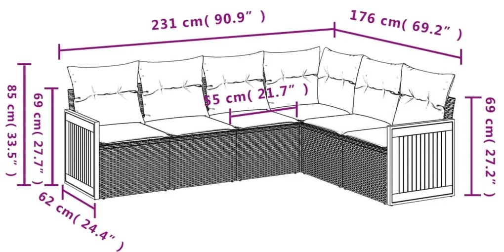 6 pcs conjunto sofás de jardim com almofadões vime cinzento