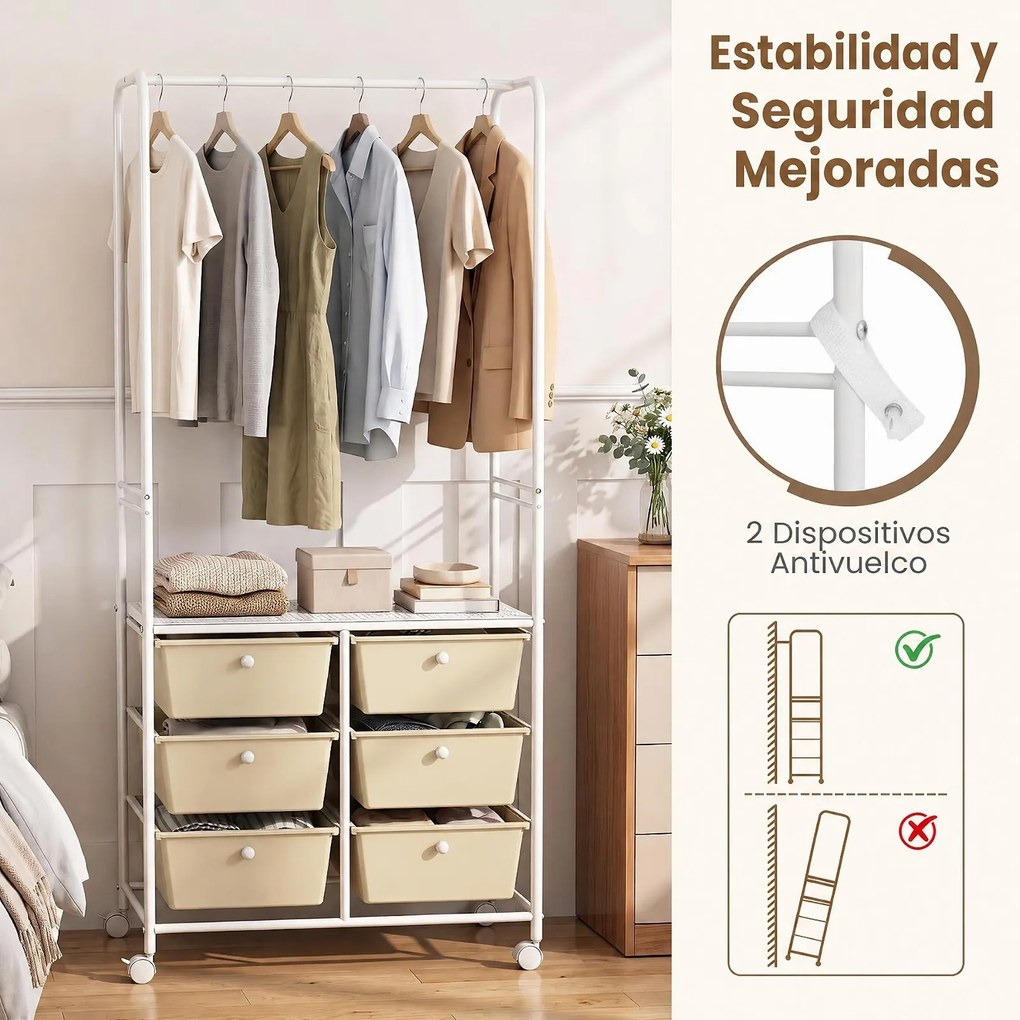 Guarda roupa aberto, 63 x 38 x 152 cm, 6 Gavetas e Rodas com Travão, Branco