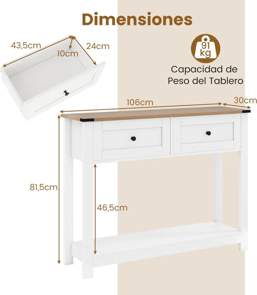 Mesa consola 106 x 30 x 81,5 cm com 2 gavetas e prateleira aberta, estreita, para hall de entrada, corredor ou sala de estar, branca