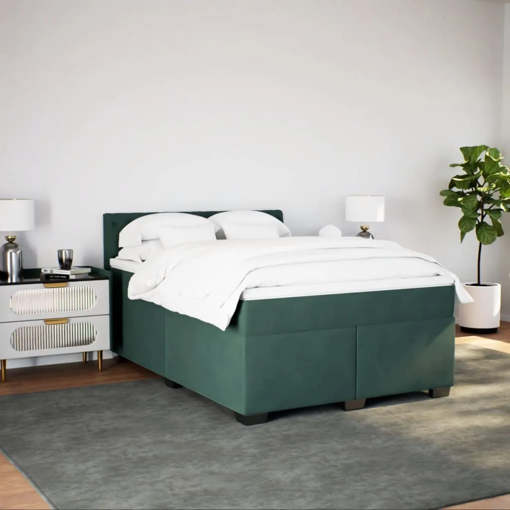 Cama com molas/colchão 140x200 cm veludo verde-escuro