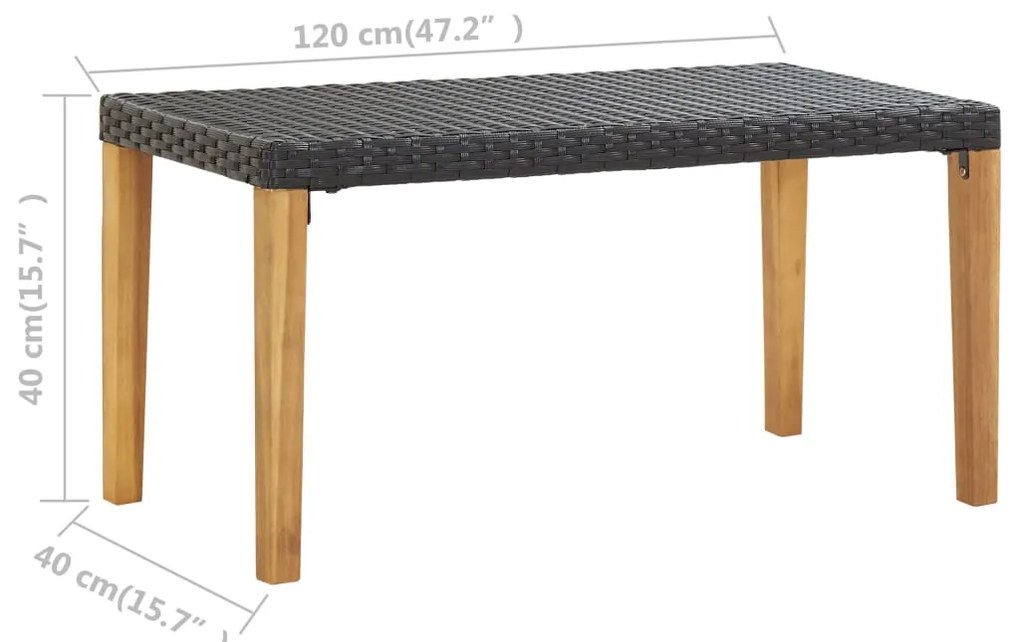 Banco de jardim 120 cm vime PE e madeira de acácia maciça preto