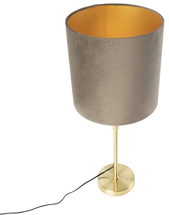 Candeeiro de mesa dourado/latão com abajur em veludo taupe 25 cm - Parte Country / Rústico
