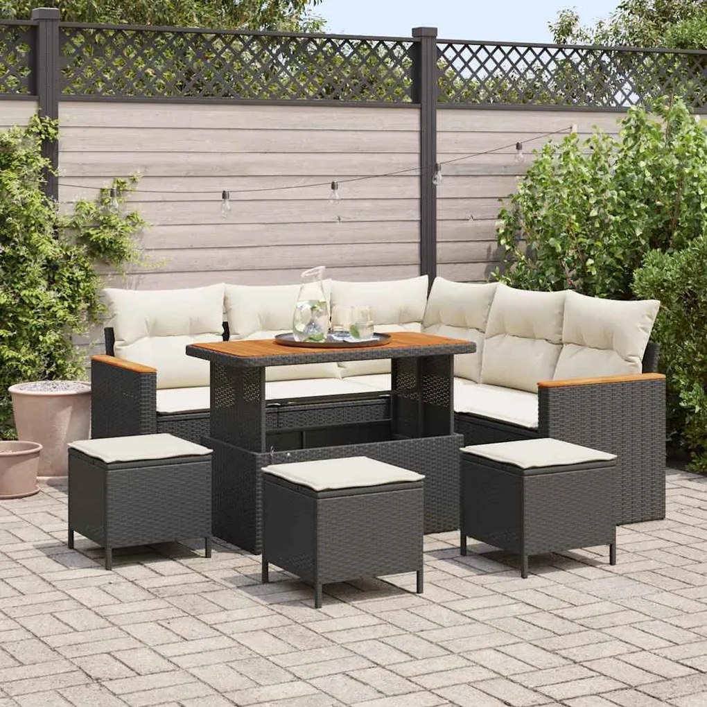 Conjunto de Sofá de Jardim 9 Peças com Almofadas Preto Rattan Poliéste