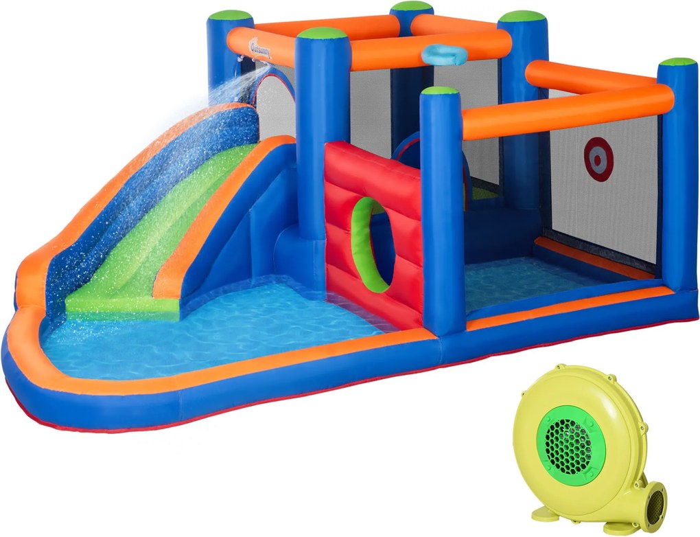 Outsunny Castelo insuflável, com escorrega, área de salto, piscina, insuflável, incl. bomba elétrica, para até 3 crianças, 380 x 340 x 170 cm | Aosom Portugal