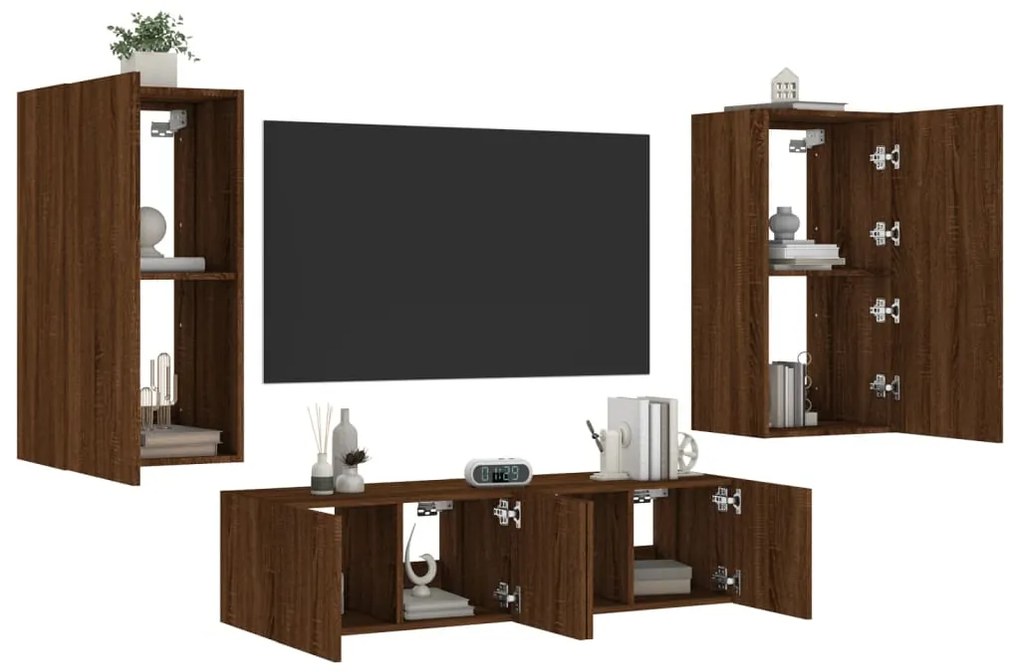 vidaXL 4 pcs móveis parede TV c/ LEDs deriv. madeira carvalho castanho