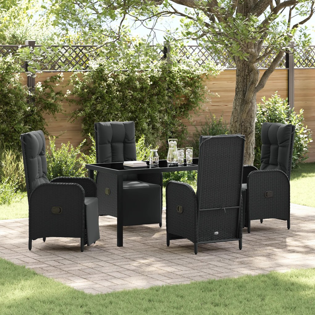 Conjunto de Jantar de Jardim com Almofadas Pretas em Rattan Sintético