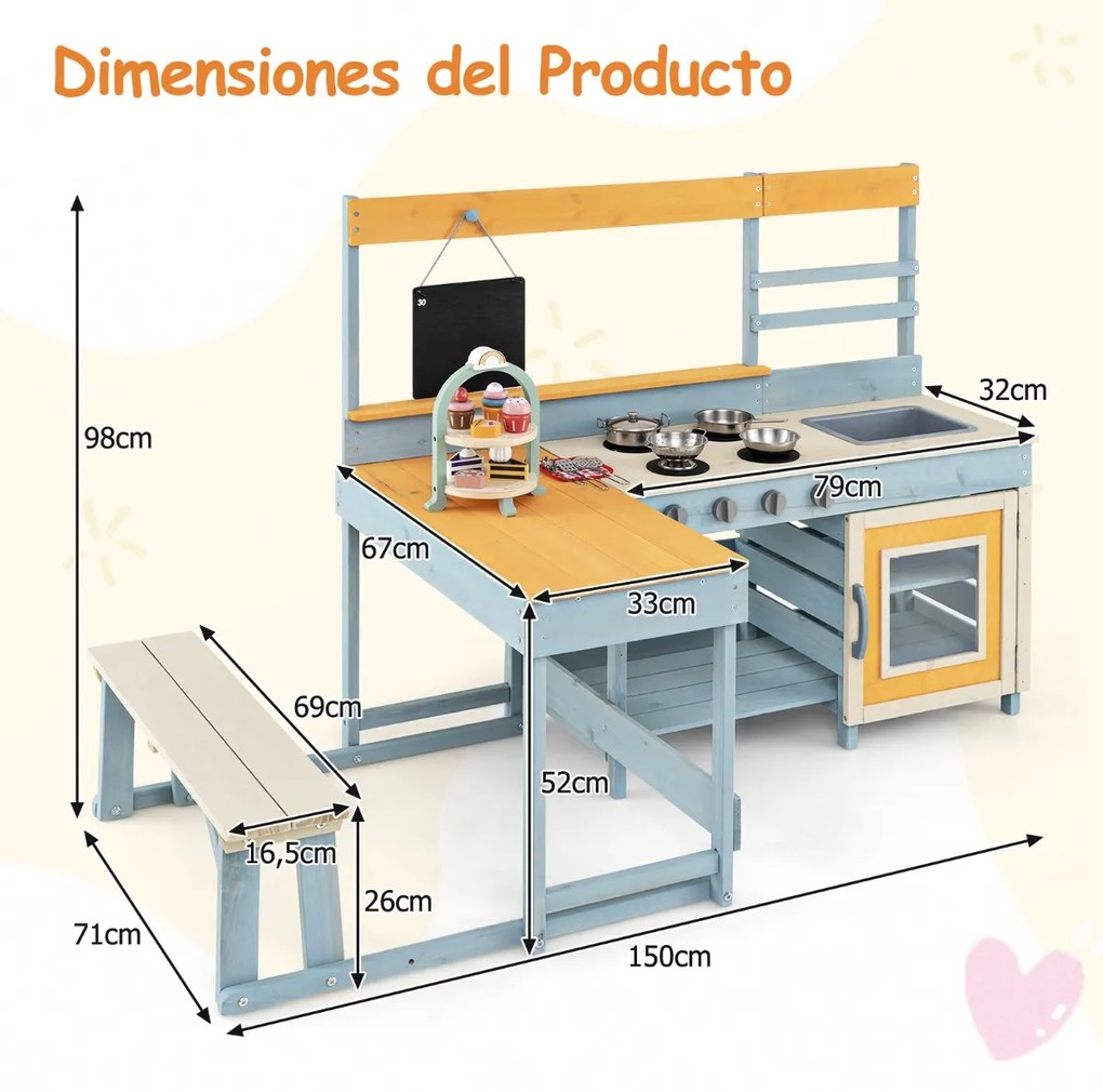 Cozinha para crianças com mesa de piquenique de madeira para crianças Cozinha de madeira em abeto com quadro-negro Banco Acessórios Utensílios Cinzent