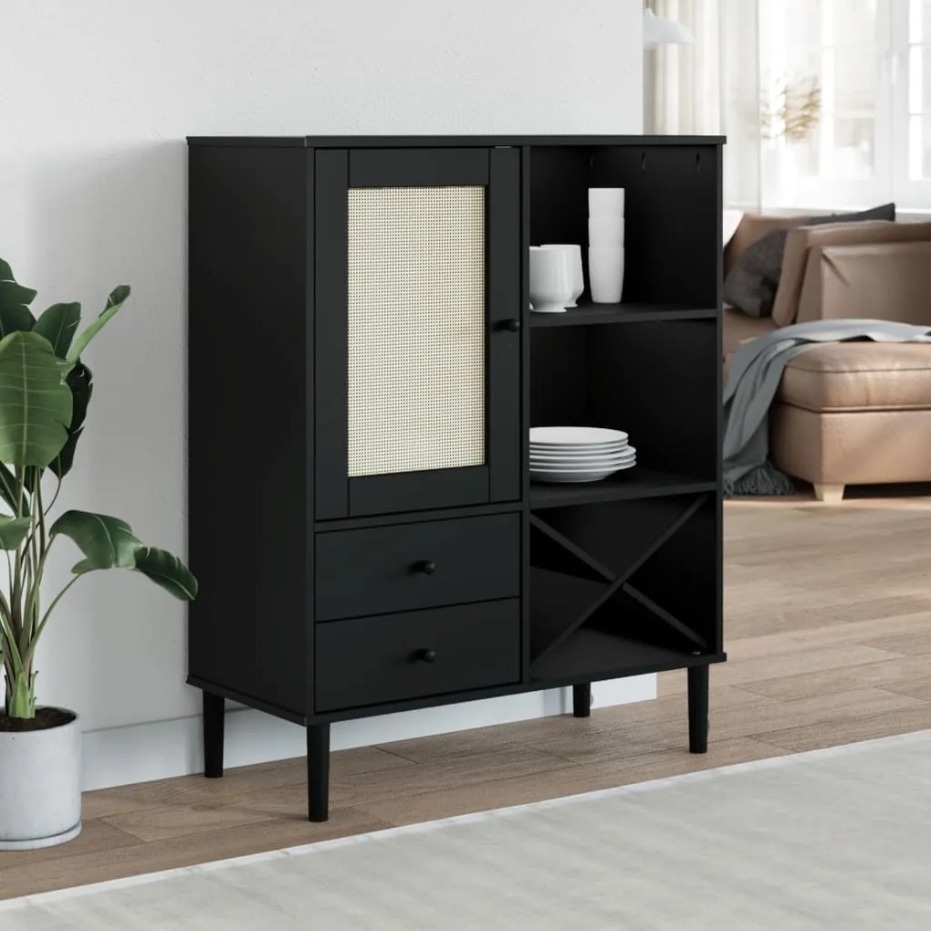 Móvel alto SENJA aspeto vime 90x40x112 cm pinho maciço preto