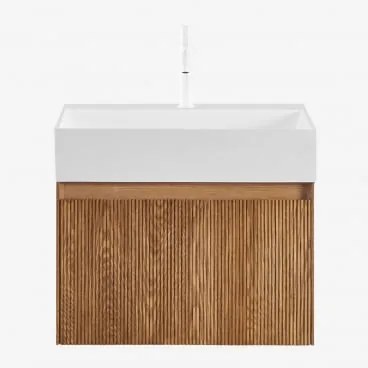 Conjunto De Móvel De Casa De Banho Suspenso Em Madeira Com Lavatório Integrado Aldeia Sem Espelho & Castanho Fresno & Branco ↑20 Cm Com Válvula De Dre