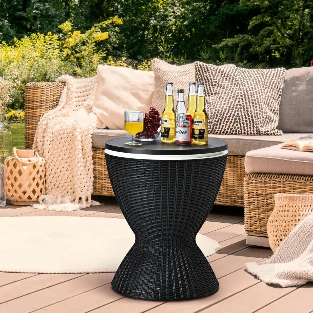 Geleira de jardim de 30 L Mesa de bar baixa de 30 L com tampo elevatório em imitação de rattan para vinho cerveja festa na piscina Preto Φ 48,5 x 57,5