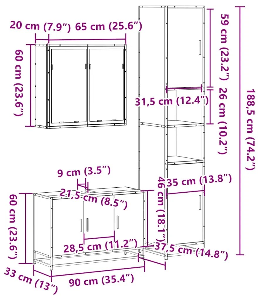 3 pcs Conjunto móveis casa de banho madeira proc. cinza sonoma