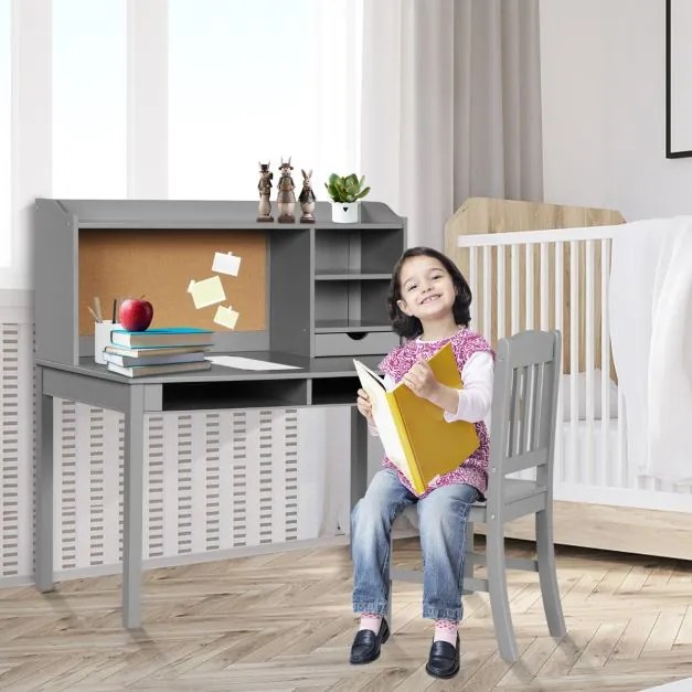 Conjunto de secretária e cadeira para crianças com Gavetas e Estantes Cinzento