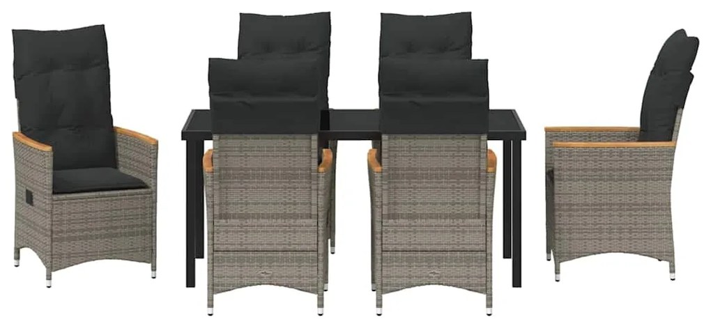 Conjunto de jantar de jardim com 7 peças e almofadas em rattan cinza.