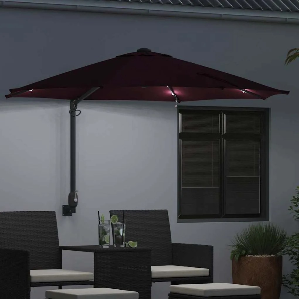 Guarda-Sol de Parede com LEDs, Cor Bordeaux, 248 cm