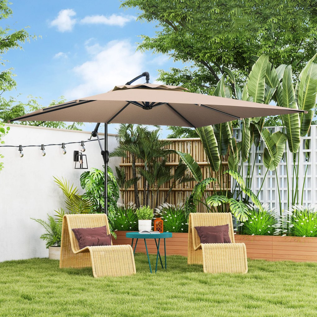 Guarda-sol de 3 x 3 m com manivela, base em cruz, inclinação e rotação de 360°, lona de 180 g/m² em tom cáqui