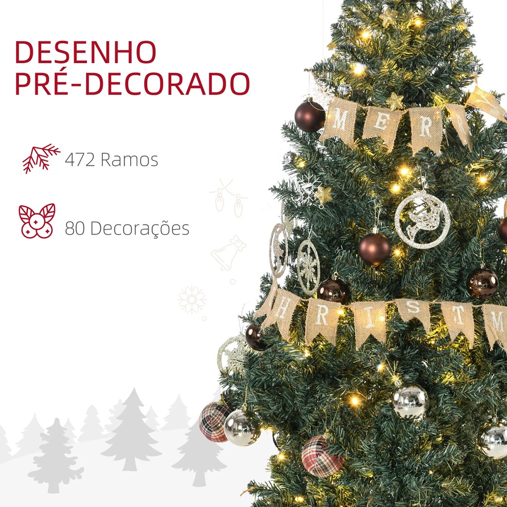 Árvore de Natal Artificial com 100 Luzes LED 472 Ramos e 80 Decorações para Interior Aço Ø91x150 cm Verde