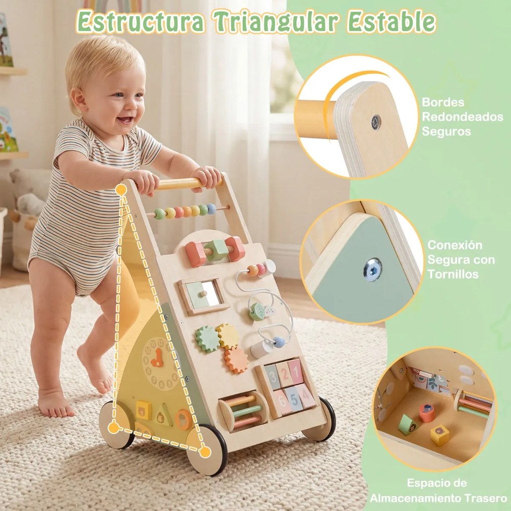 Andador infantil de madeira com rodas e cesto de arrumação – Brinquedo Montessori para andar, para crianças a partir de 1 ano – Natural + Verde