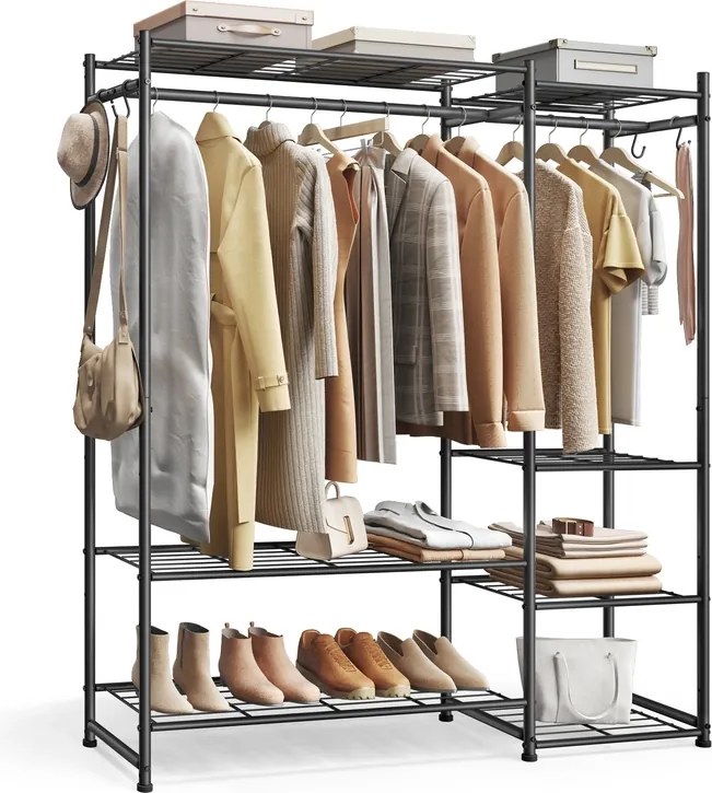 Guarda roupa aberto 30 x 124,8 x 157,1 cm com 7 prateleiras e 2 varões para cabides Preto