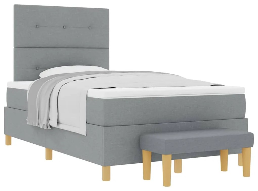 Cama Box Spring com colchão e banco cinza claro 120x190 cm tecido