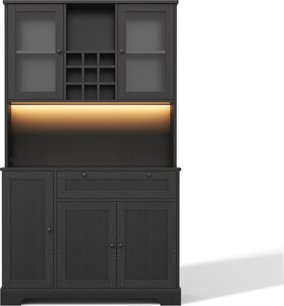 Coluna de cozinha com vitrine, cinco portas, uma gaveta, prateleiras ajustáveis, 105x40x180 cm, Preto| AOSOM Portugal