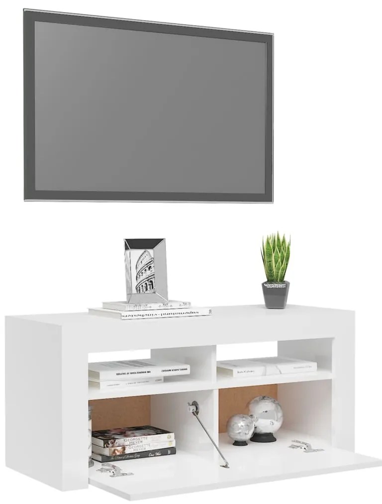 Móvel de TV com luzes LED 90x35x40 cm branco brilhante