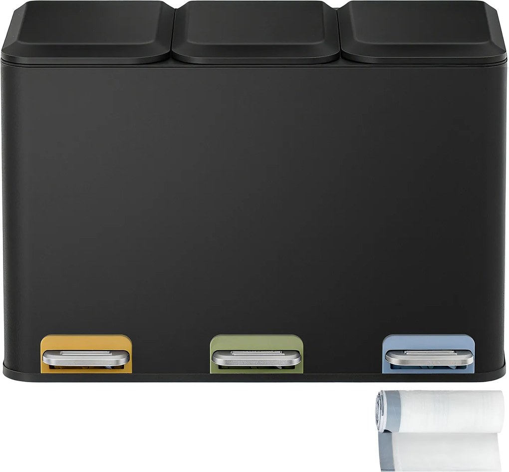 Caixote de lixo 60,5 x 38,8 x 42,7 cm com 3 baldes internos de 15 litros, com pedal em aço Preto
