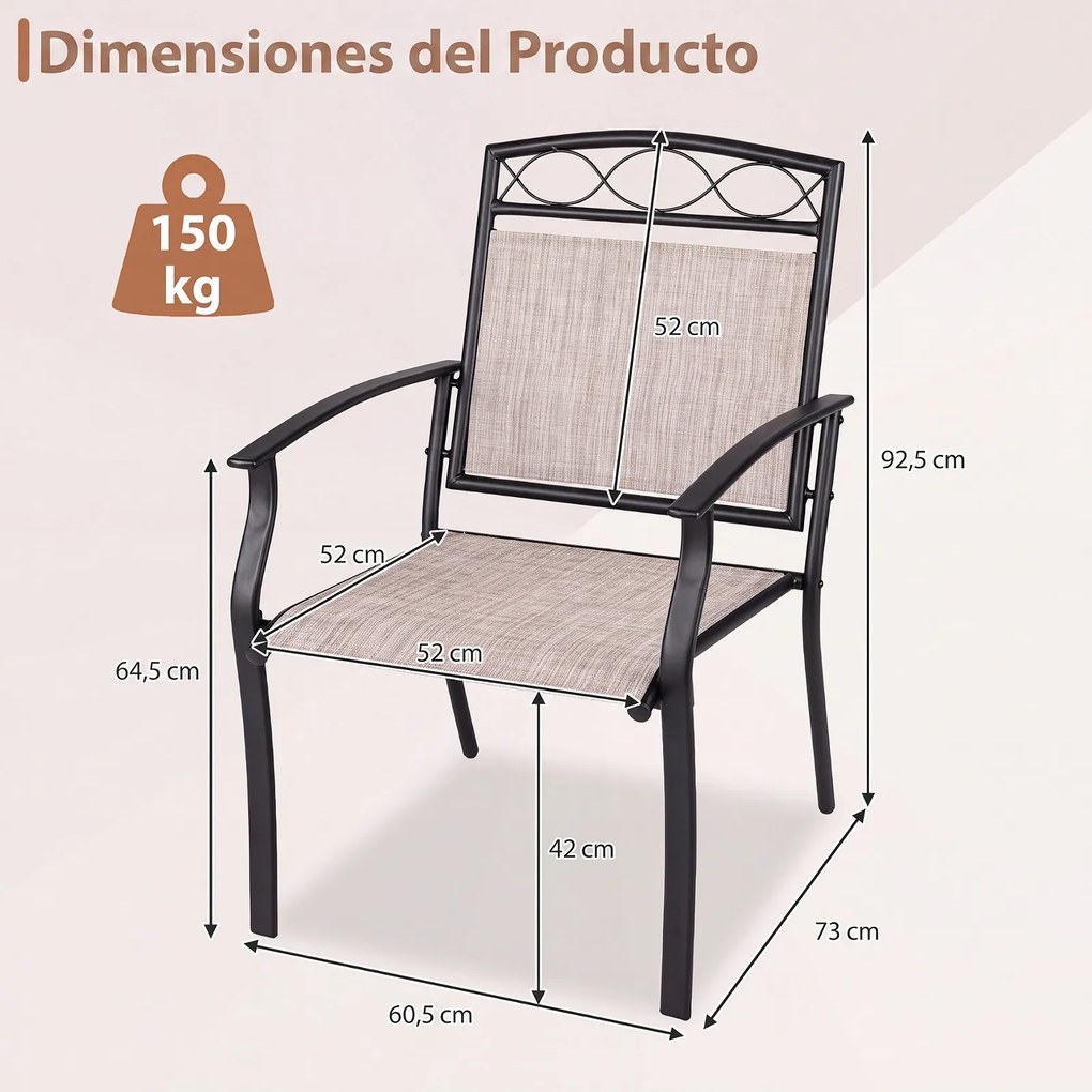 Conjunto de 2 Cadeiras de Jardim, 60,5 x 73 x 92,5 cm, Tecido Textilene Resistente ao Exterior, Castanho+Preto