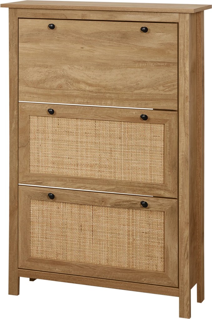 Sapateira, Móvel para sapatos, prateleira para sapatos, armário de 3 portas com abas, efeito de vime - em madeira natural