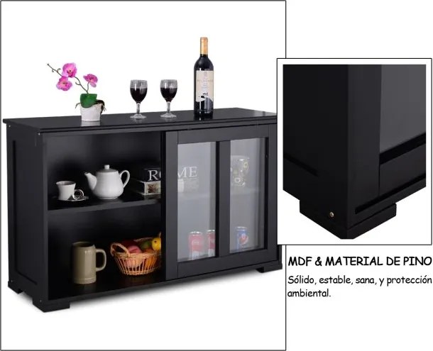 Aparador de cozinha Armário de arrumação com 2 Estantes 2 Portas 106 x 33 x 62,5 cm Preto