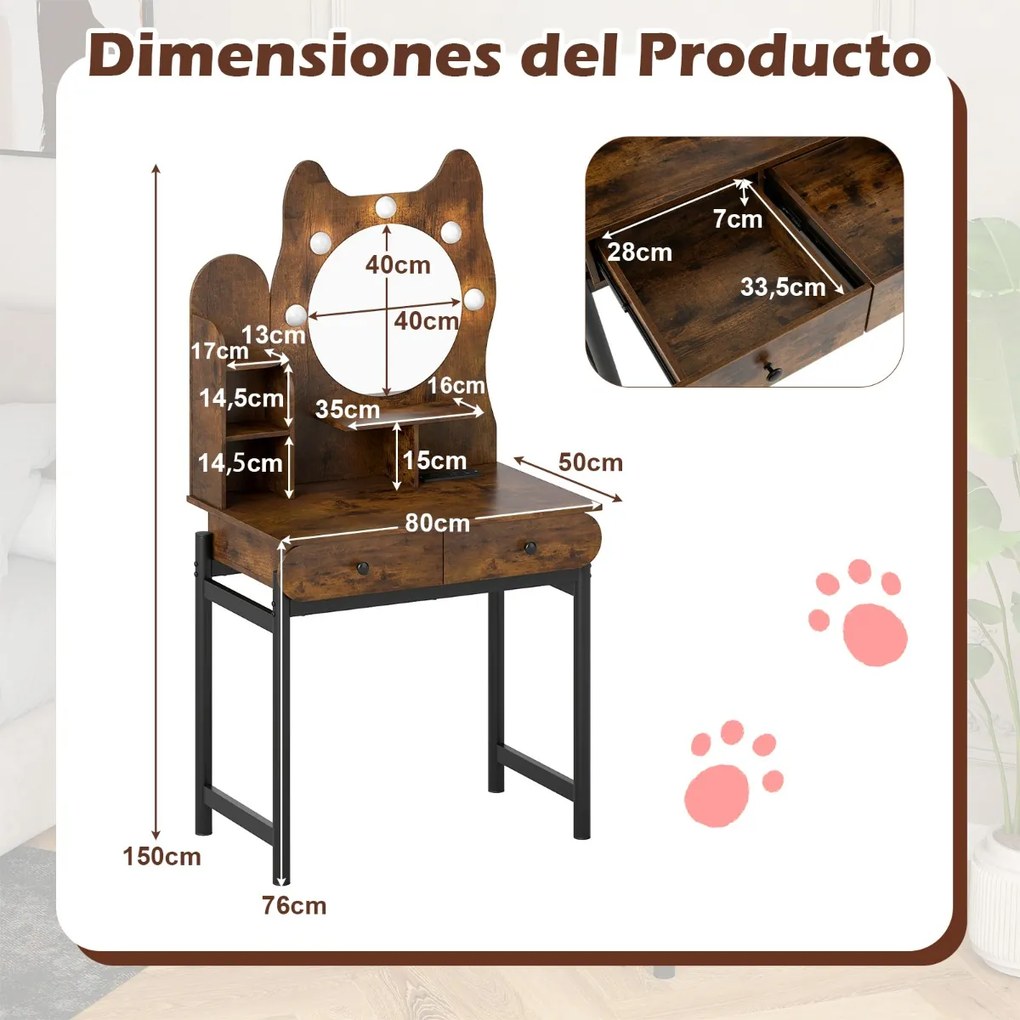 Toucador com espelho e luzes 80 x 50 x 150 cm em forma de gatinho com 3 modos de iluminação e brilho ajustável e 2 gavetas Castanho