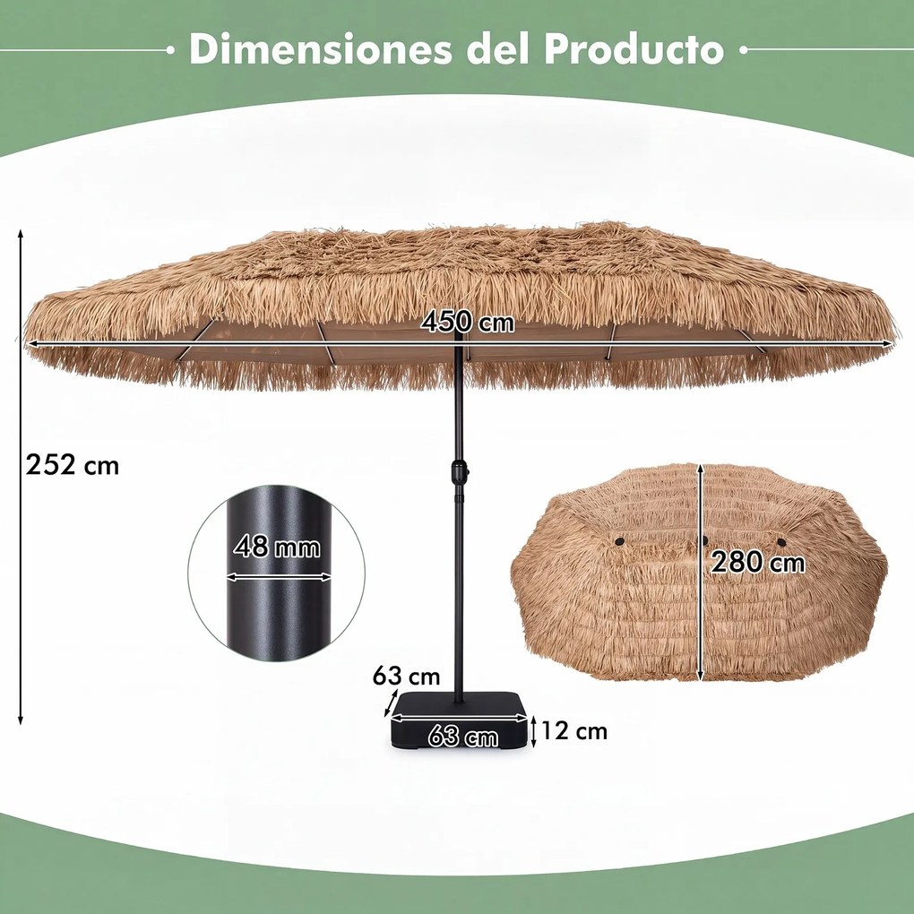 Guarda-sol de Jardim com base, 450 x 270 x 252 cm, Luzes LED Solares, Castanho