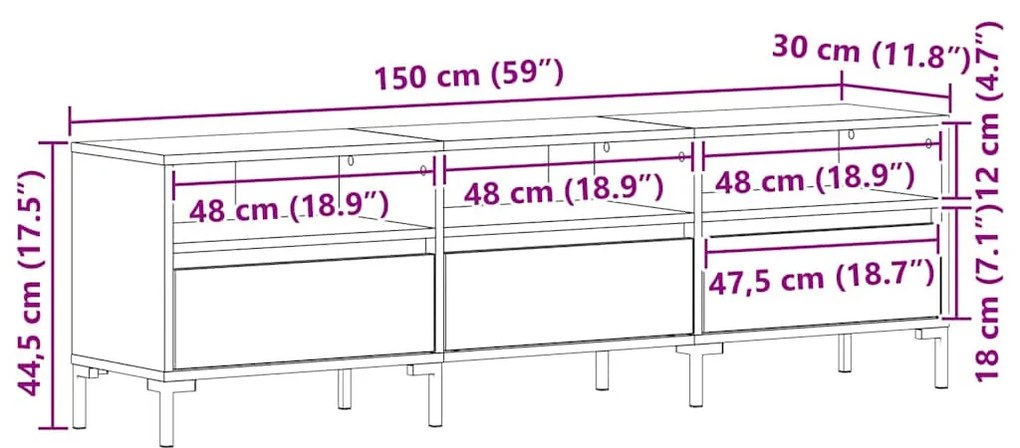 Estante para TV vidaXL Madeira Negra 150x30x44,5 cm Madeira Revestida