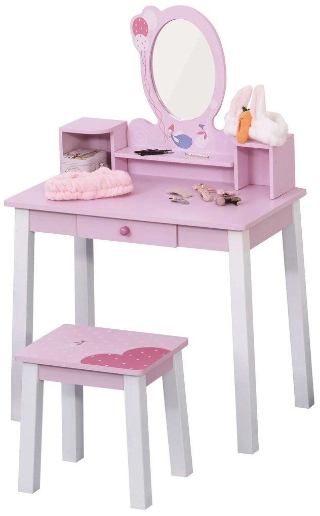 HOMCOM Toucador Infantil com Banco e Espelho Mesa de Maquilhagem Infantil Estilo Princesa de Madeira 59x39x92cm Rosa