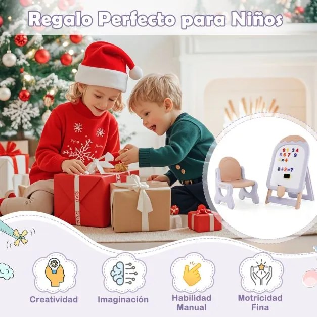 Cavalete de arte dobrável com altura ajustável, cadeira, marcadores e brinquedos magnéticos para crianças roxo
