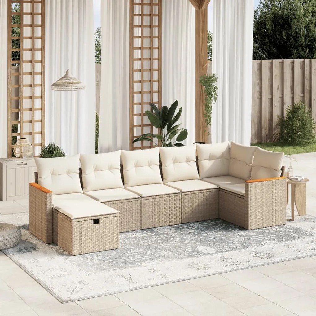 vidaXL 7 pcs conjunto de sofás p/ jardim com almofadões vime PE bege