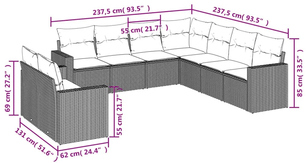 9 pcs conjunto de sofás p/ jardim c/ almofadões vime PE preto