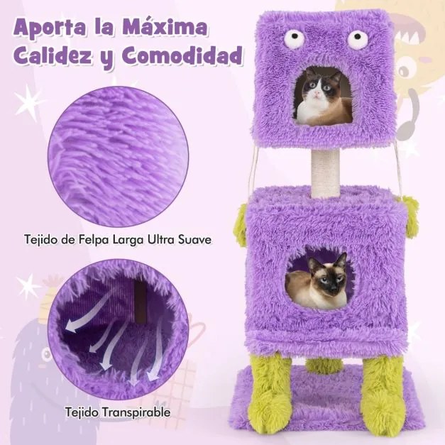 Arranhador para gatos com tema de monstros Poste para arranhar em pelúcia macia e comprida 48 x 48 x 111 cm Roxo