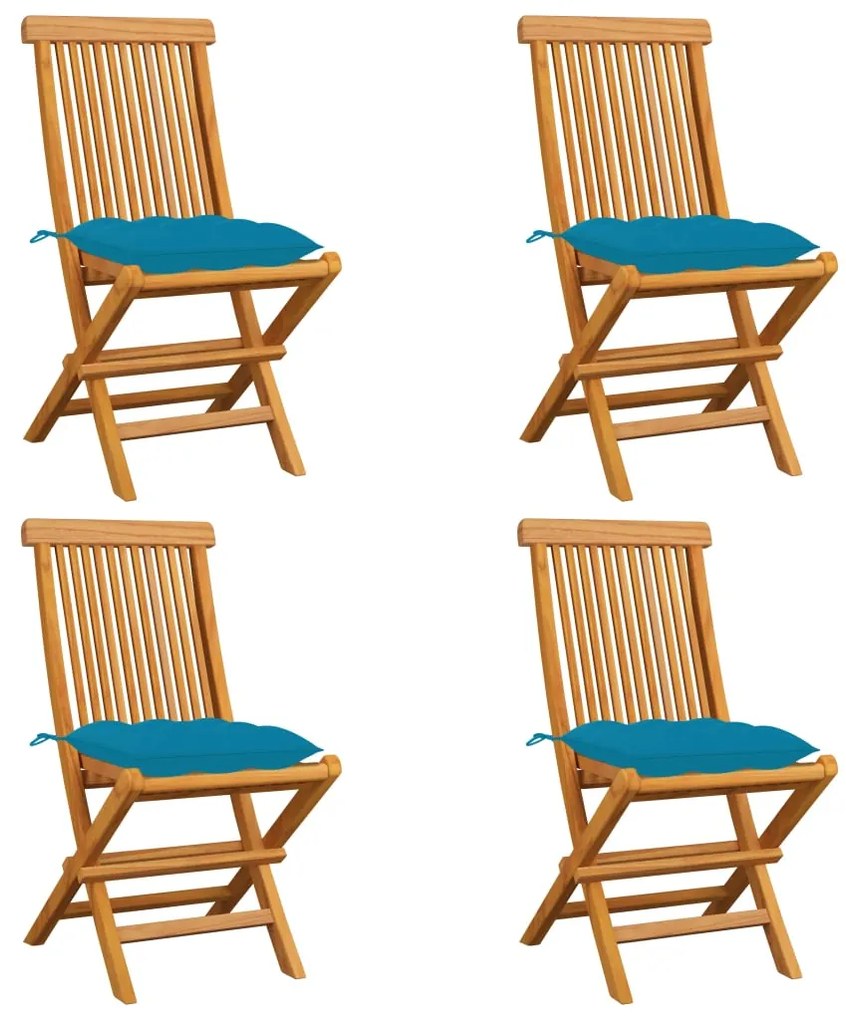 Cadeiras de jardim c/ almofadões azul-claro 4 pcs teca maciça