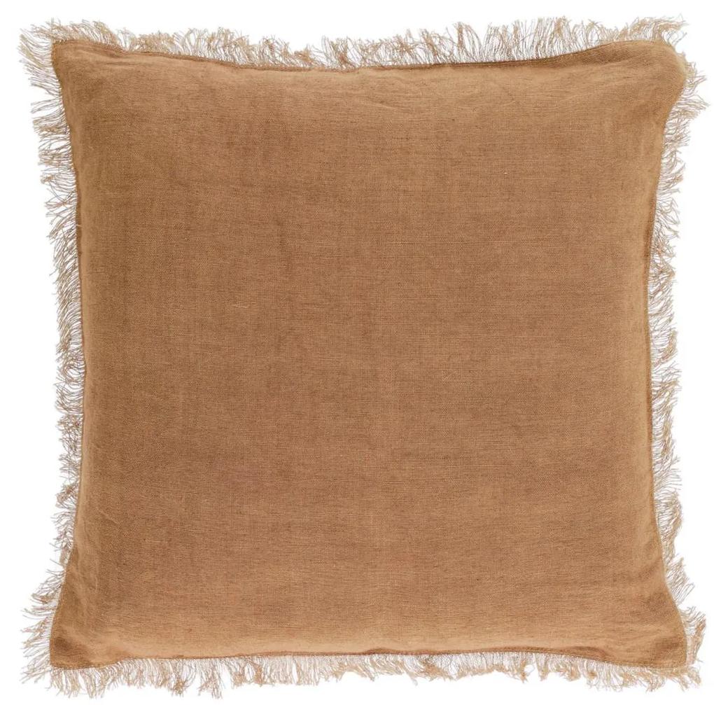 Kave Home - Capa almofada Almira algodão e linho franjas castanho 45 x 45 cm