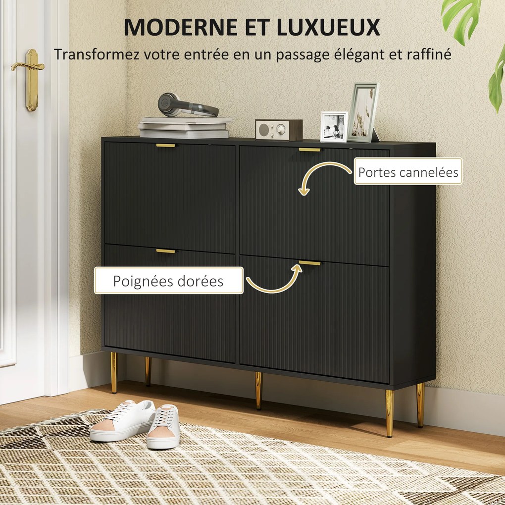 Sapateira com capacidade para 20 pares 105 x 24 x 91,5 cm, com 4 gavetas rebatíveis, portas caneladas e prateleiras ajustáveis, preto