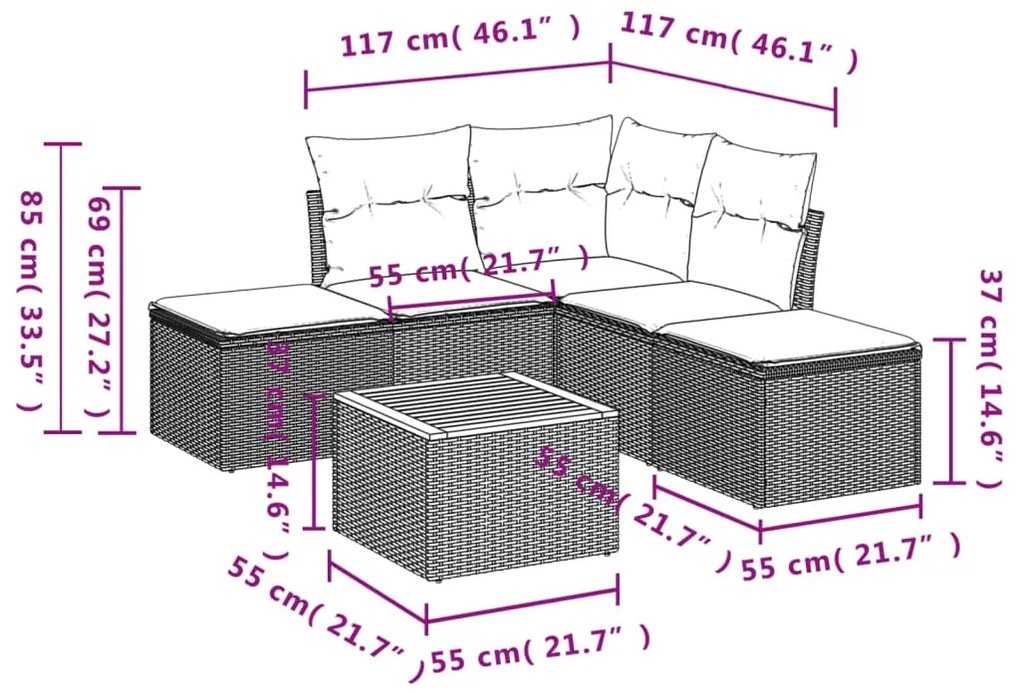 6 pcs conjunto de sofás p/ jardim com almofadões vime PE bege