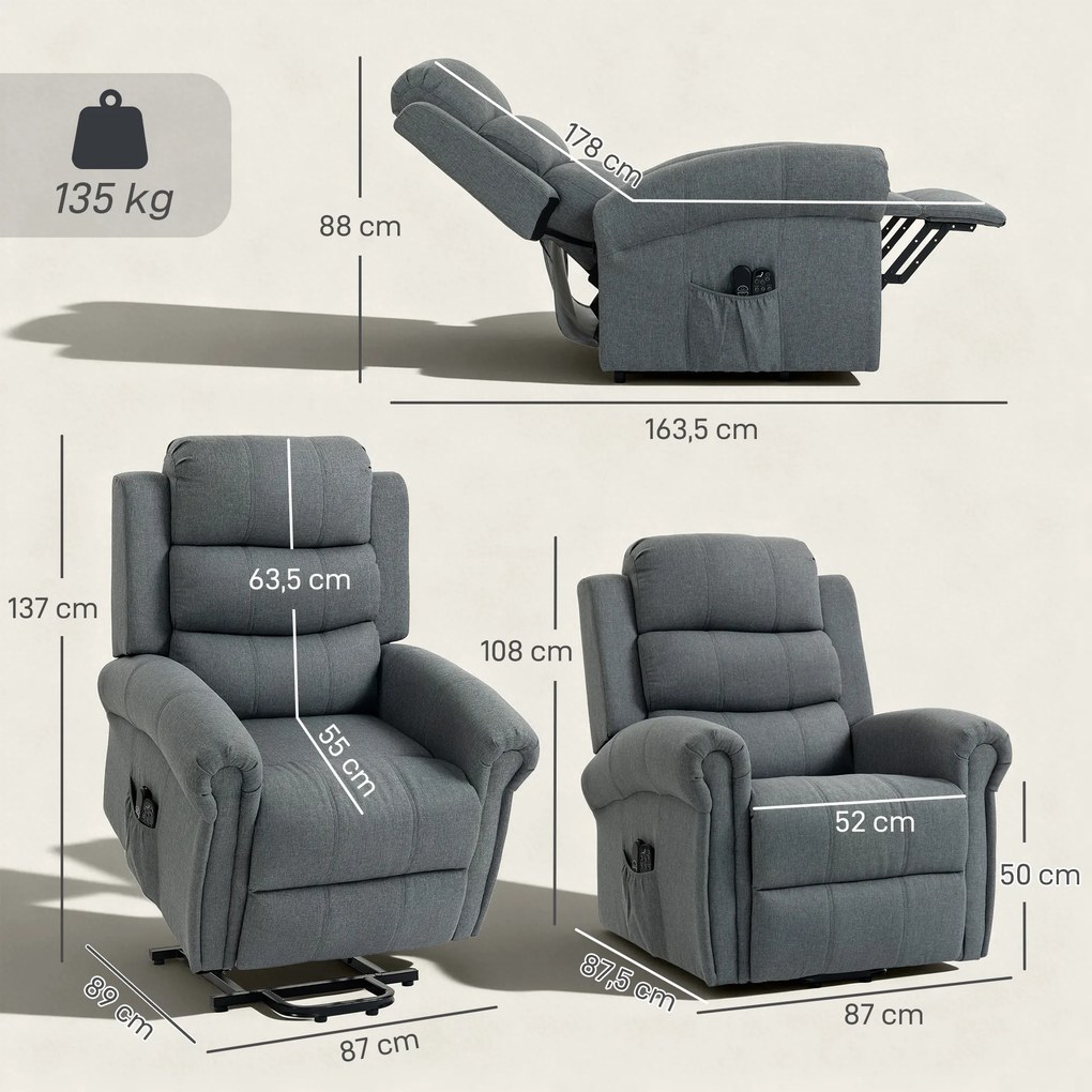 Poltrona Elevatória Elétrico, 87,5 x 87 x 108 cm, Massagem e Aquecimento, Cinzento