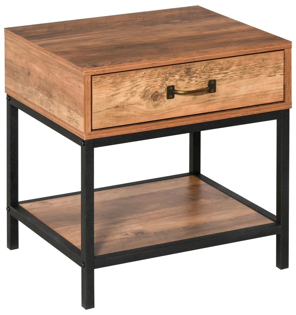 HOMCOM Mesa de cabeceira Mesa lateral com gaveta e prateleira Estilo industrial para quarto sala 48x40x51,5 cm Preto e madeira | Aosom Portugal
